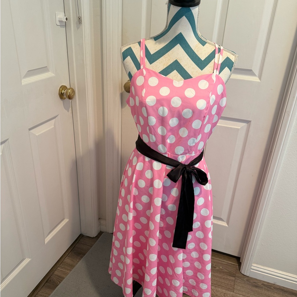 Retro Pink Polka Dot Dress with Black Bow